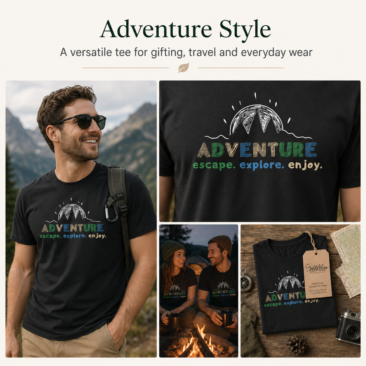 Adventure Escape Explore Enjoy Black T-Shirt – Men’s Outdoor Mountain Graphic Tee