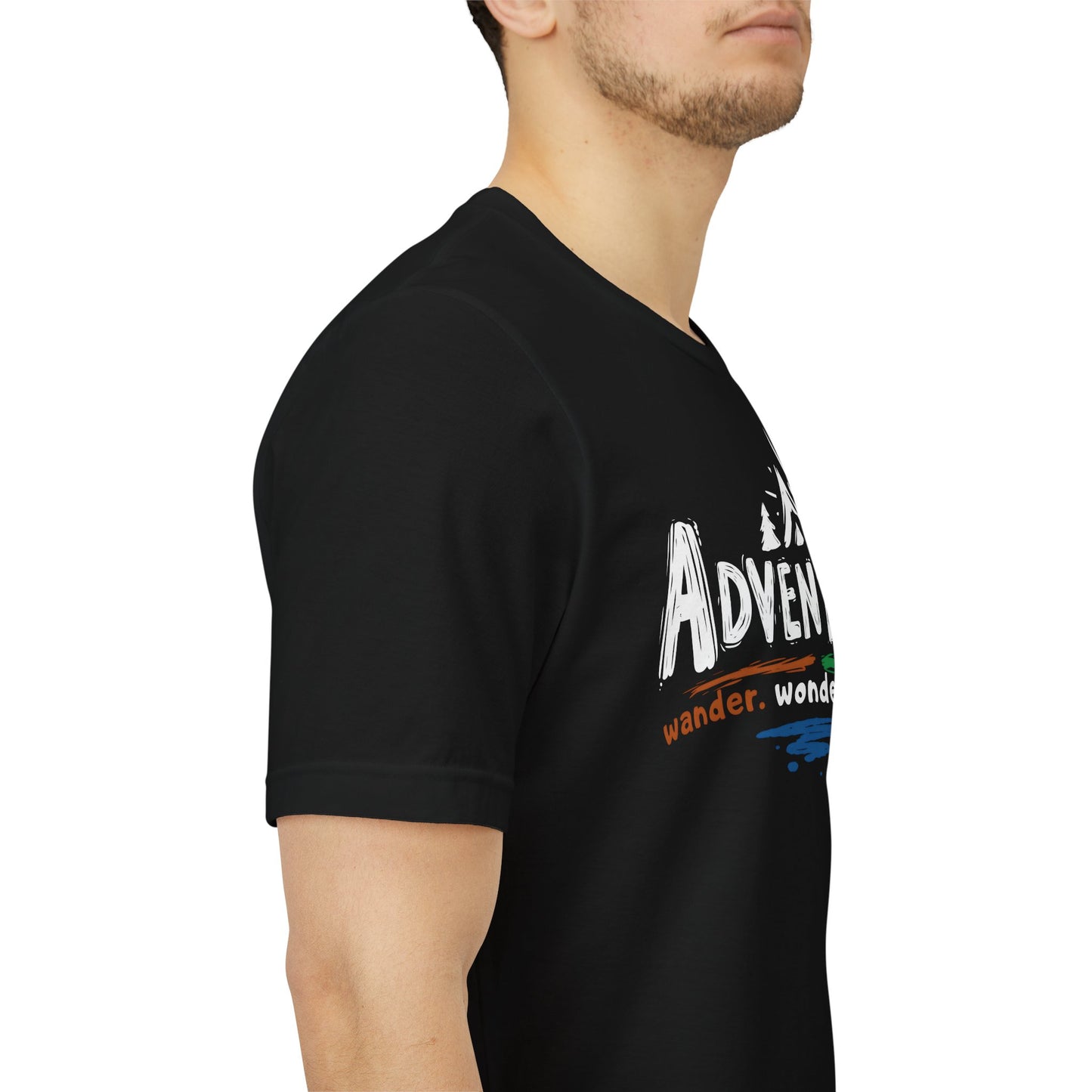 Black t-shirt with colorful text and graphics on a white background