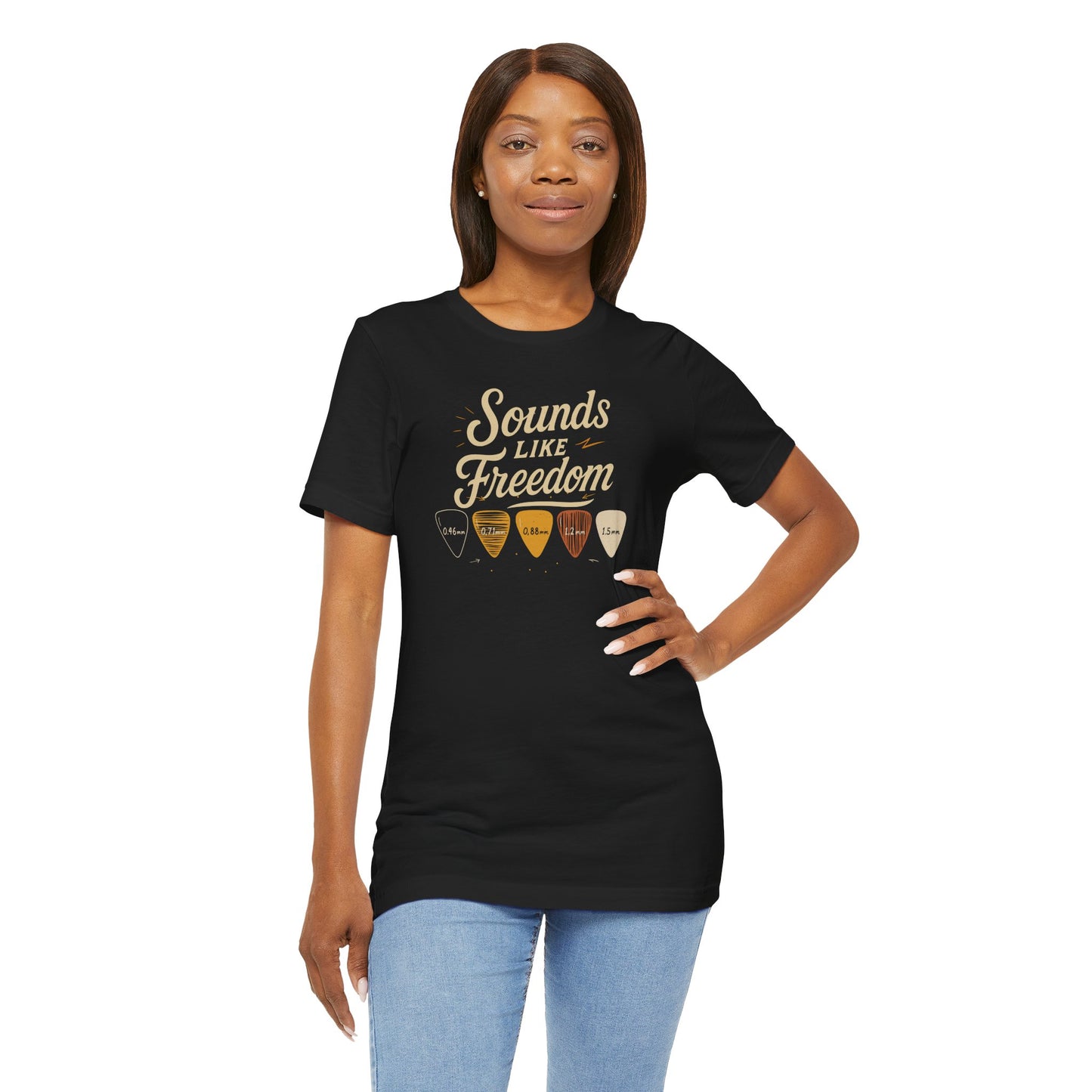 Sounds Like Freedom T-Shirt – Black Guitar Pick Design for Musicians & Music Lovers