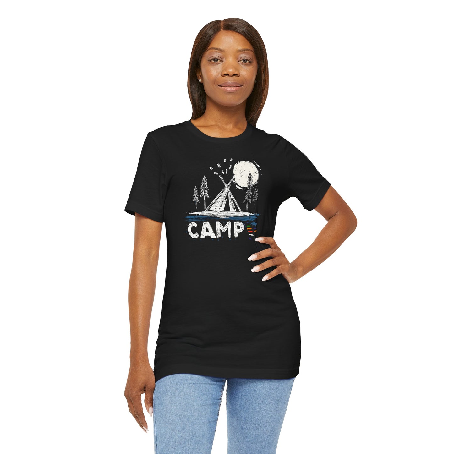Black Camp t-shirt with hand-drawn tent moon and pine trees wilderness design