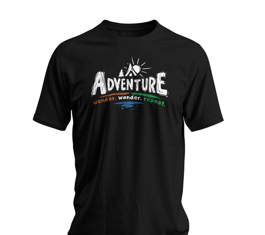 Black t-shirt with 'Adventure' graphic design on a white background