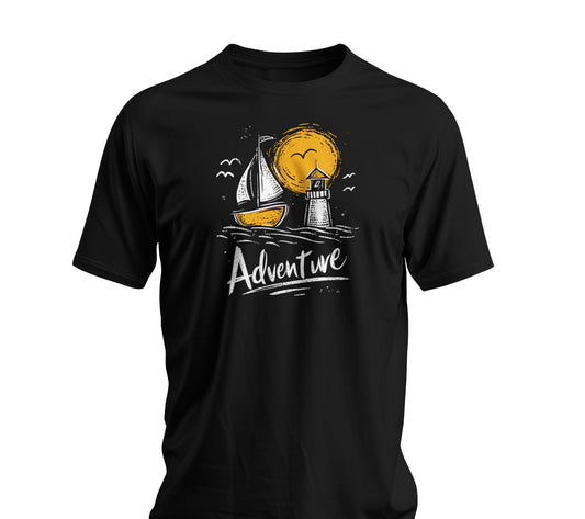 Black Adventure t-shirt with hand-drawn sailboat lighthouse and golden sun nautical design