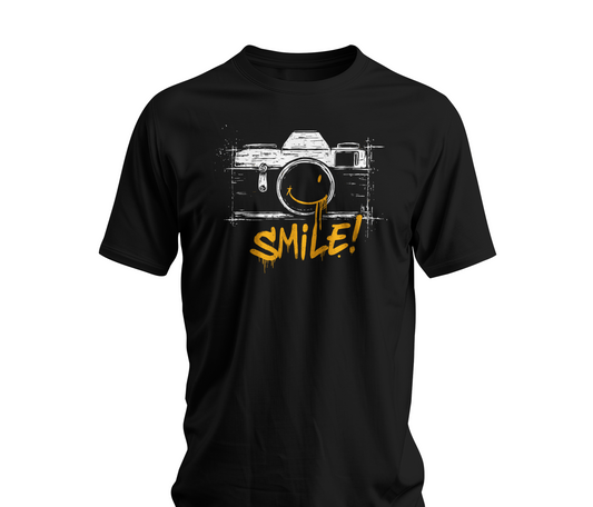 Black Smile Camera t-shirt with vintage camera sketch and yellow smiley face graffiti design