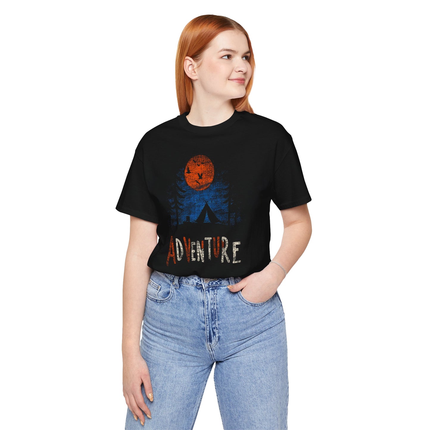Black Adventure Wilderness t-shirt with orange harvest moon tent and forest camping design
