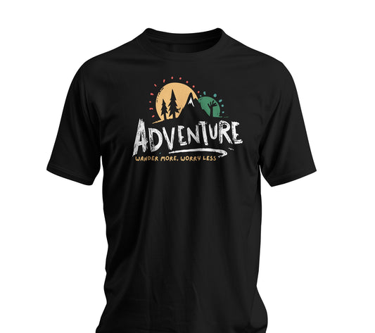 Adventure Wander More Worry Less T-Shirt – Mountain Hiking Graphic Tee