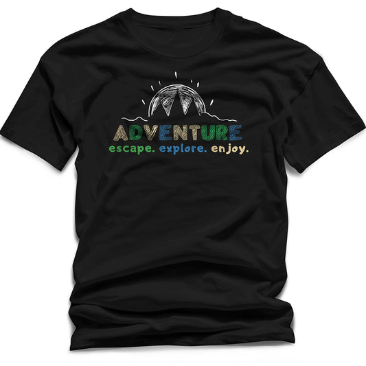 Adventure Escape Explore Enjoy T-Shirt – Black Nature Travel Tee for Outdoor Lovers