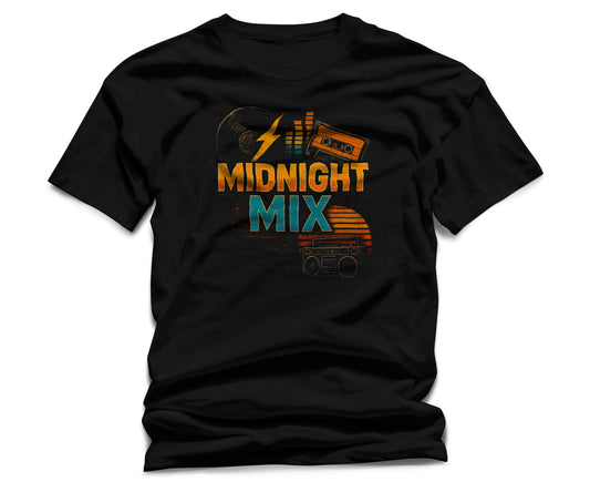 Midnight Mix T-Shirt – Retro Music Graphic Unisex Tee, Cassette Boombox Vintage Shirt