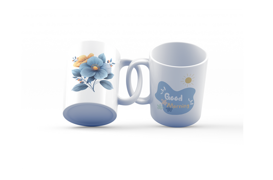 Morning Bloom Floral Mug 11oz – Watercolor Blue Flower Coffee Cup with Good Morning Sunshine Design