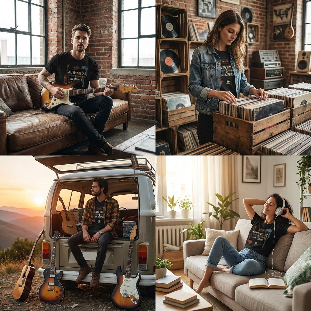 "Sound Waves & Six Strings" T-Shirt – Vintage Guitar & Cassette Analog Music Tee