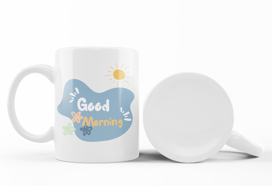 Morning Bloom Floral Mug 11oz – Watercolor Blue Flower Coffee Cup with Good Morning Sunshine Design