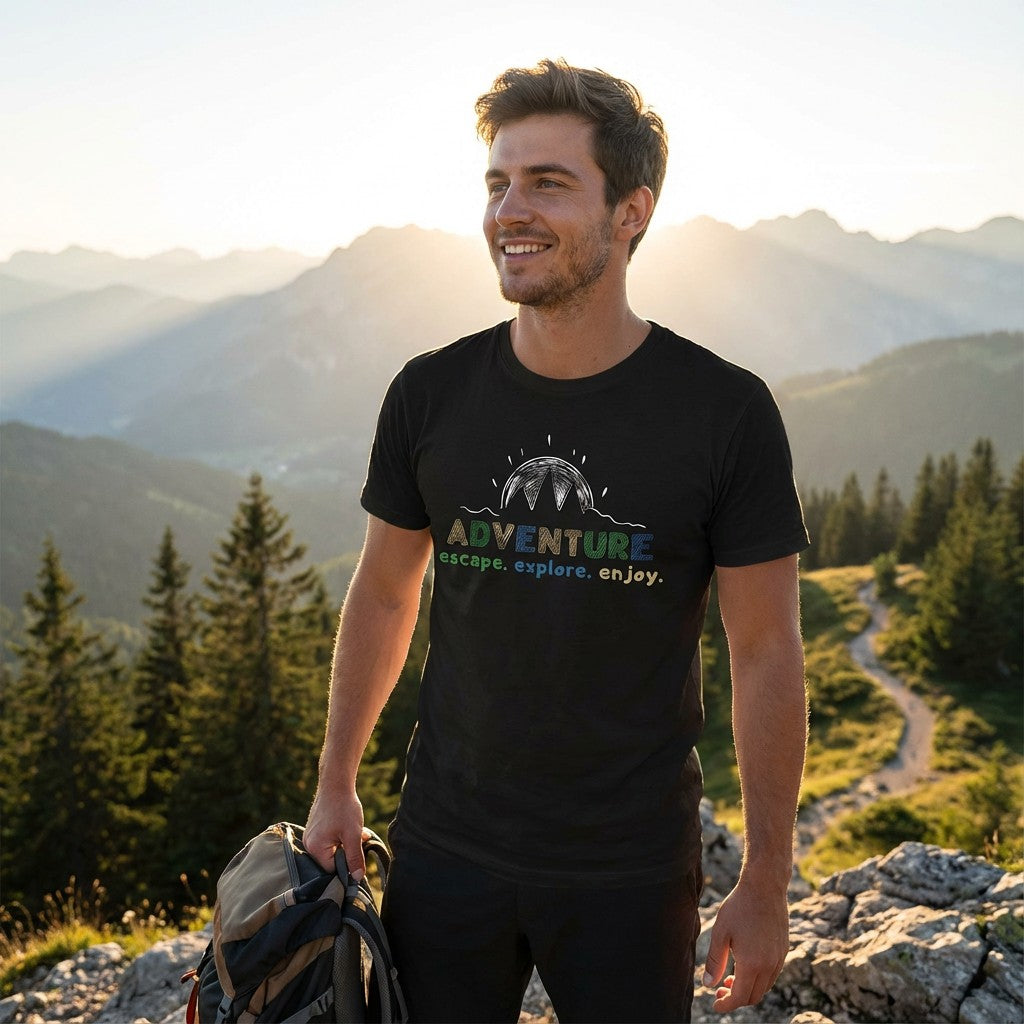 Adventure Escape Explore Enjoy T-Shirt – Black Nature Travel Tee for Outdoor Lovers