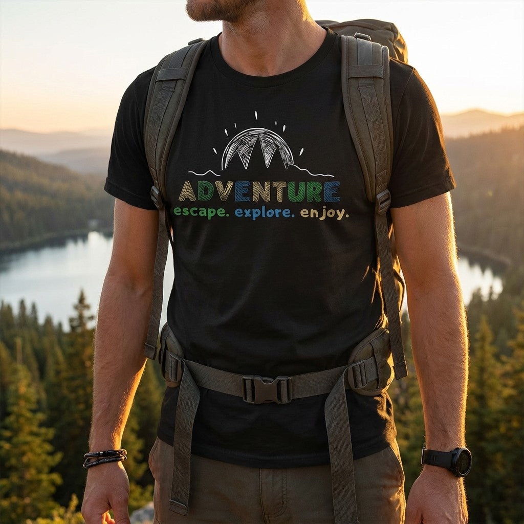 Adventure Escape Explore Enjoy T-Shirt – Black Nature Travel Tee for Outdoor Lovers
