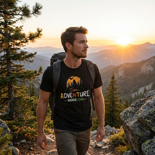Man hiking with a backpack and 'Adventure Mode: On' t-shirt in a mountainous landscape at sunset.