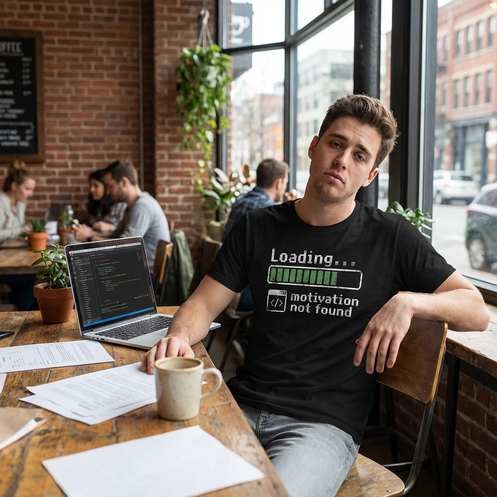 Loading... Motivation Not Found T-Shirt – Black Graphic Tee for Coders and Tech Lovers