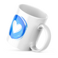 Morning Love 11oz white ceramic mug with artistic blue watercolor heart design