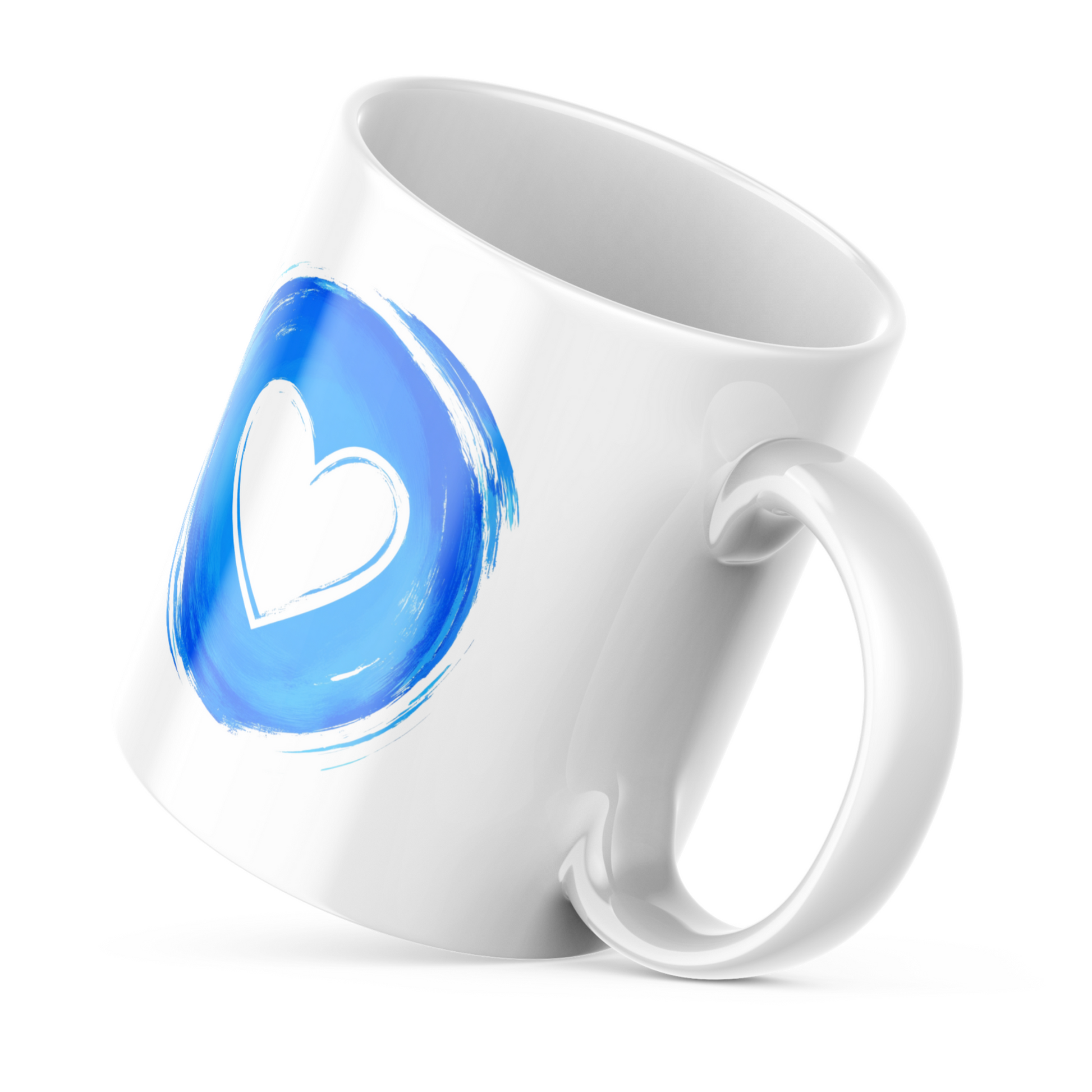 Morning Love 11oz white ceramic mug with artistic blue watercolor heart design