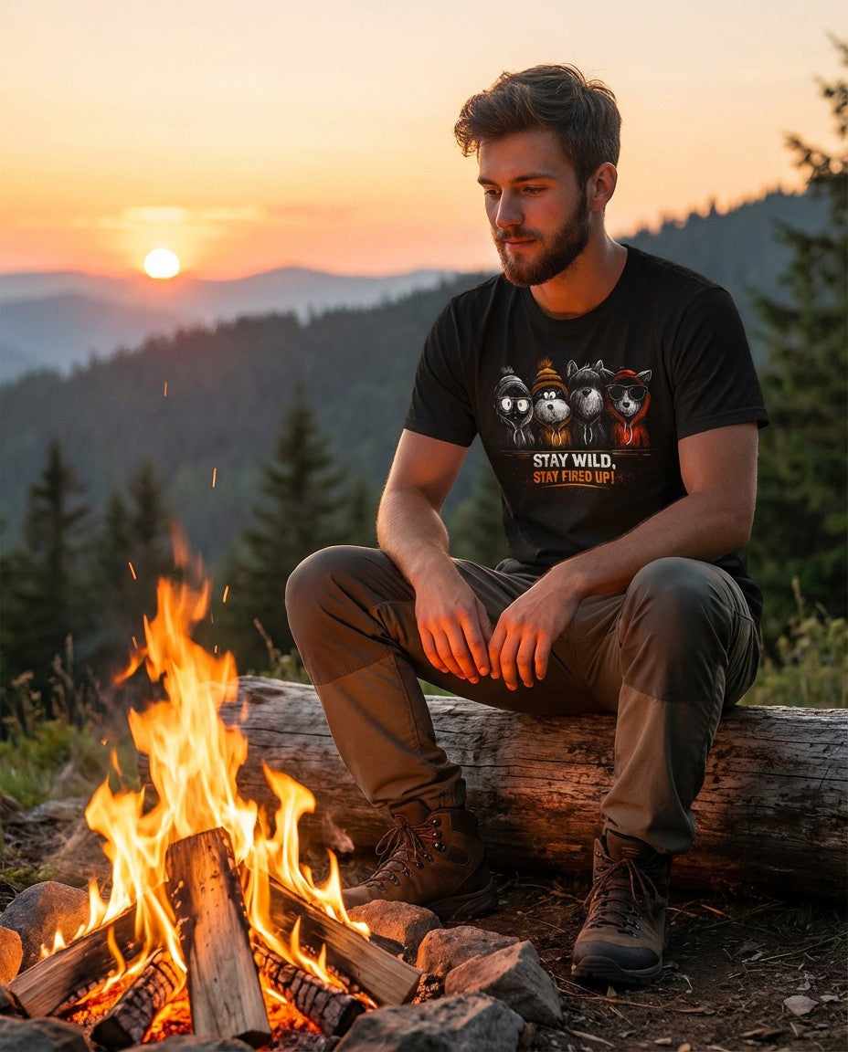Stay Wild Stay Fired Up T-Shirt – Funny Outdoor Animal Graphic Tee (Black)