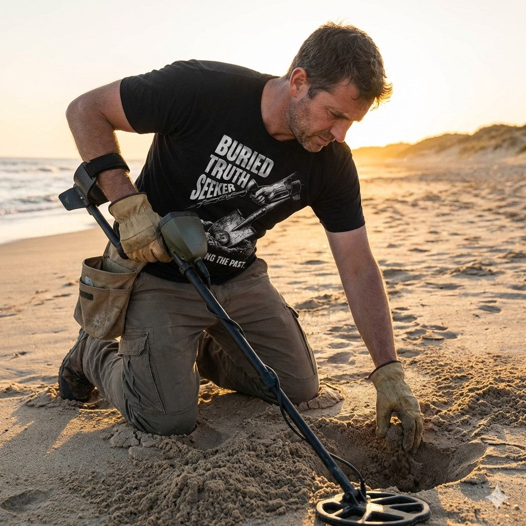Man using a metal detector on a beach at sunset