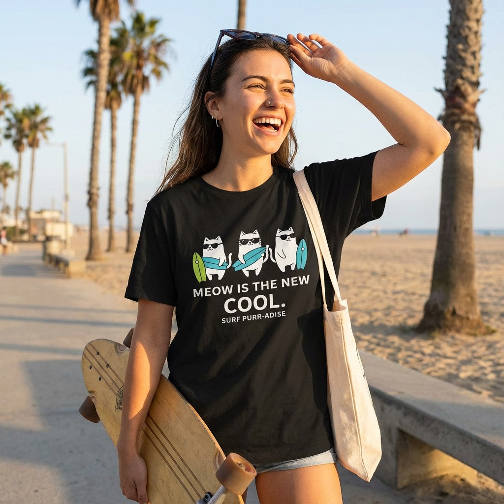 WildVero "Meow Is The New Cool" T-Shirt – Funny Surfing Cats & Summer Beach Graphic Tee