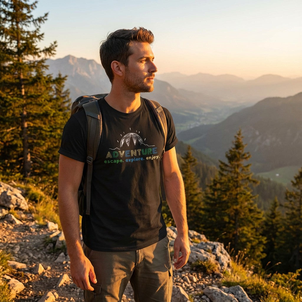 Adventure Escape Explore Enjoy T-Shirt – Black Nature Travel Tee for Outdoor Lovers