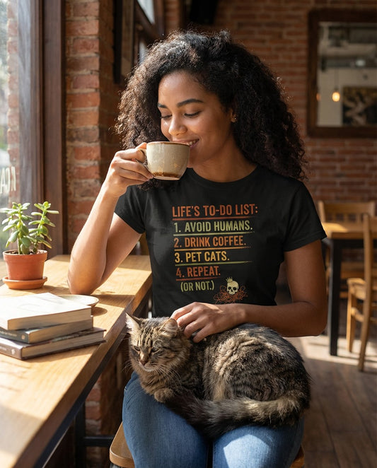 WildVero™ "Life's To-Do List" T-Shirt | Funny Introvert, Coffee & Cat Lover Tee