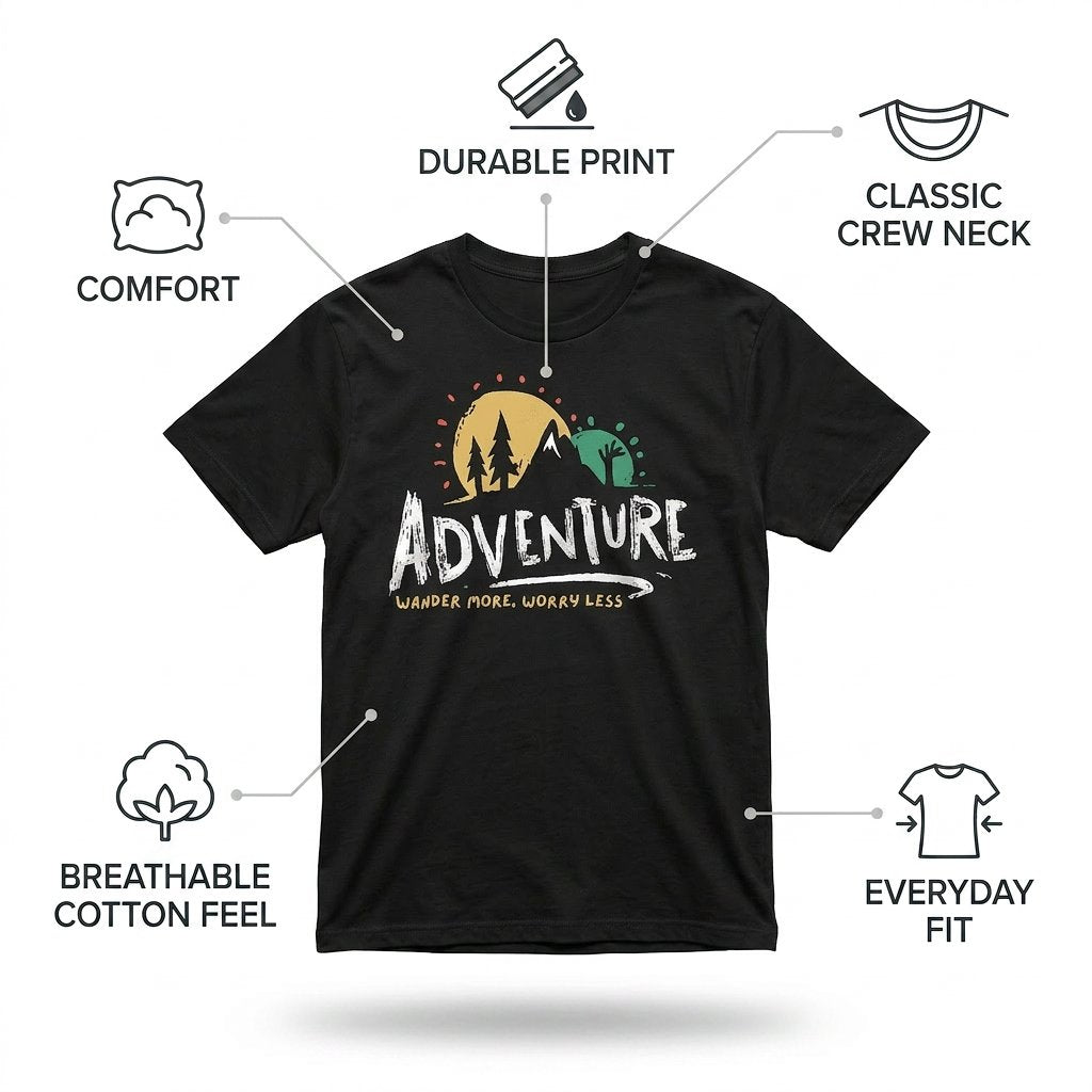 Adventure Wander More Worry Less T-Shirt – Mountain Hiking Graphic Tee
