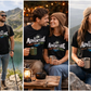 Three people wearing 'An Adventure' t-shirts in outdoor settings.