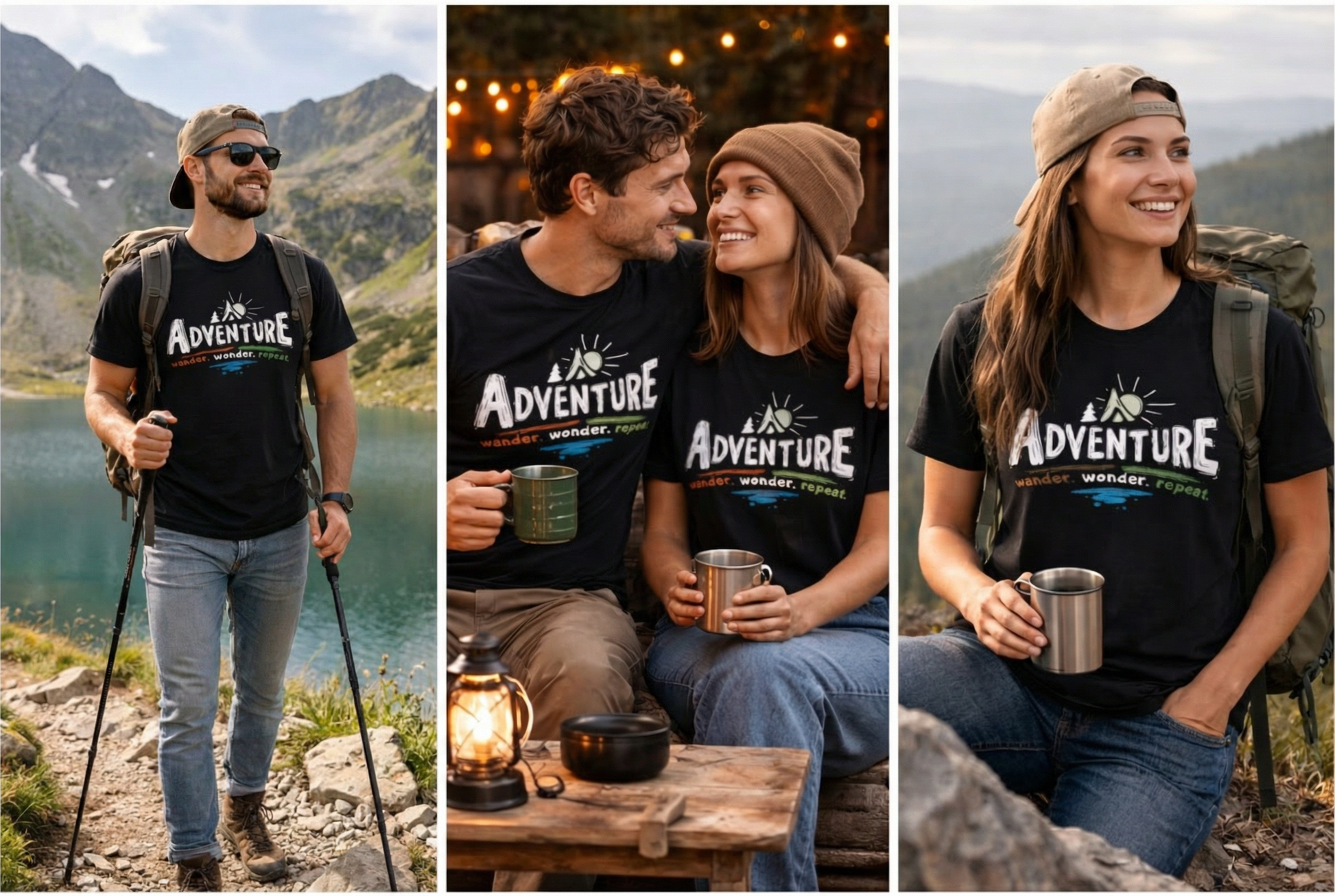Three people wearing 'An Adventure' t-shirts in outdoor settings.