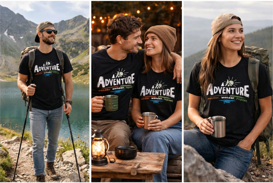 Three people wearing 'An Adventure' t-shirts in outdoor settings.