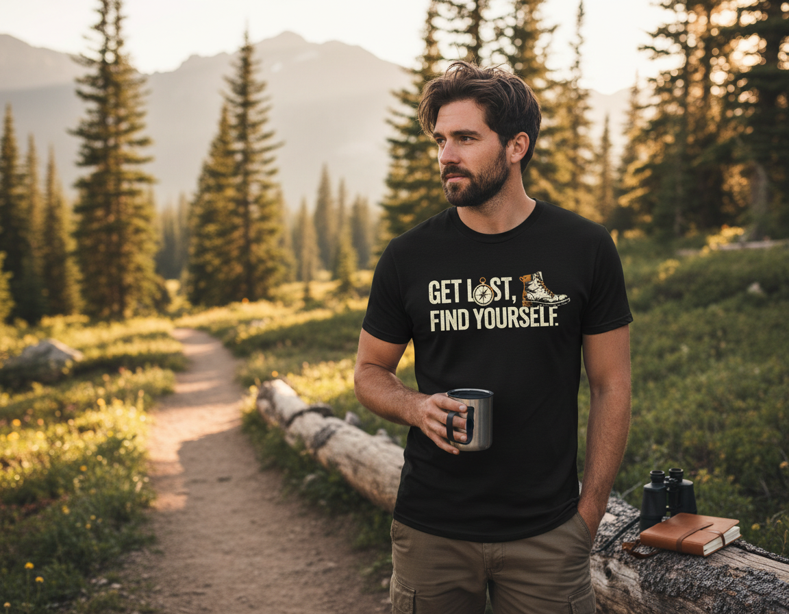 WildVero™ "Get Lost Find Yourself" T-Shirt | Hiking Compass & Boot Graphic Tee