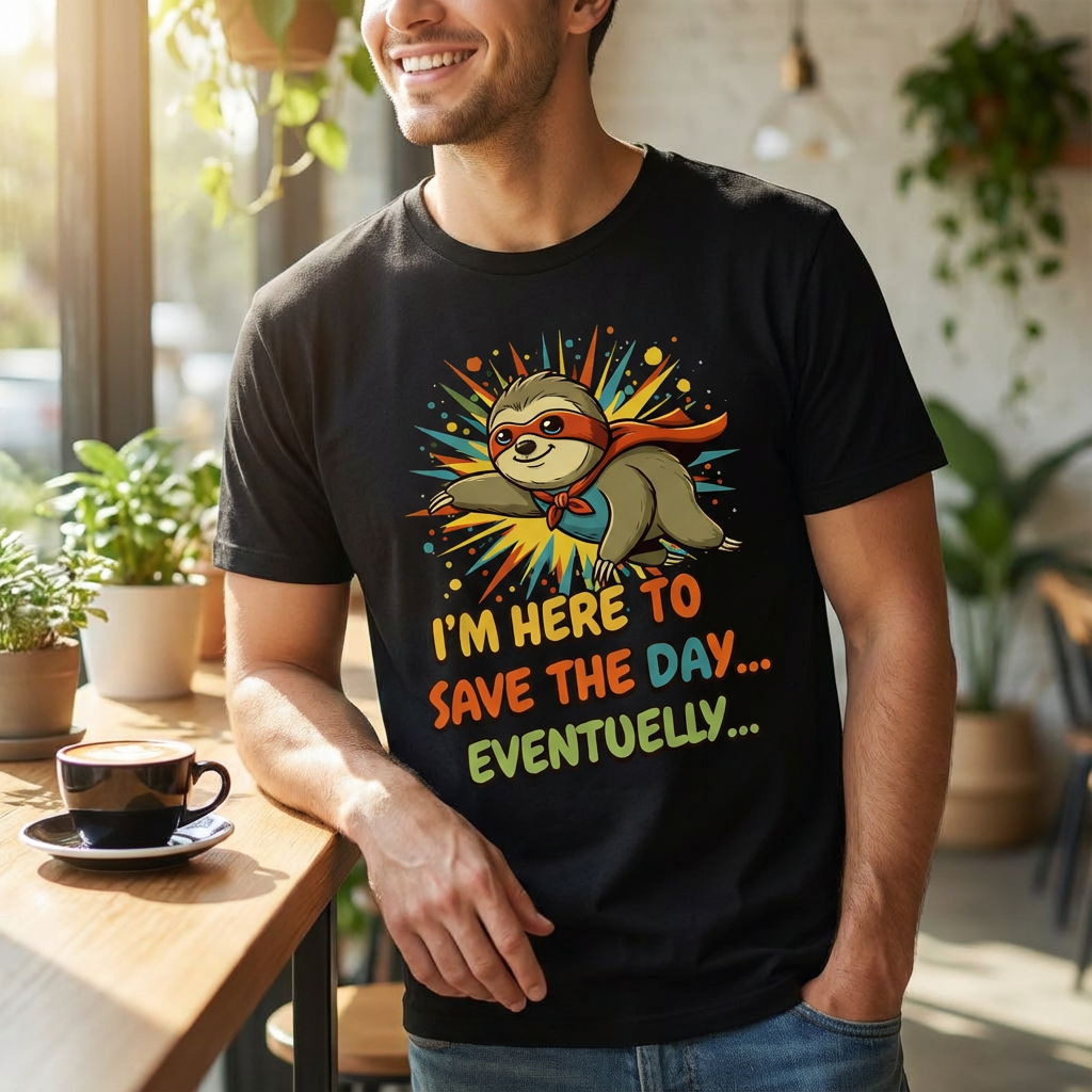 I’m Here To Save The Day Eventually T-Shirt – Men’s Black Funny Sloth Tee | WildVero
