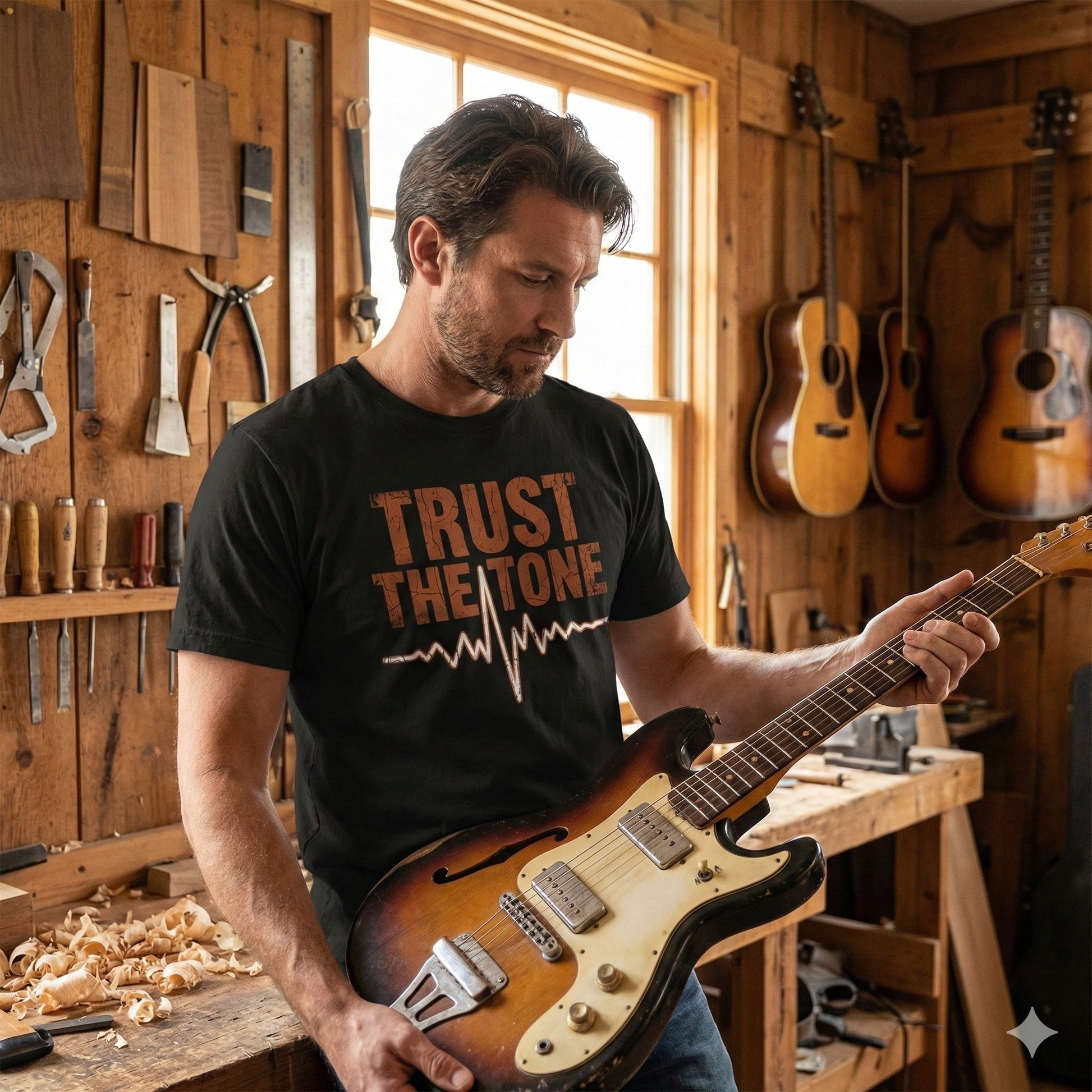 Man playing a guitar in a workshop with musical instruments around
