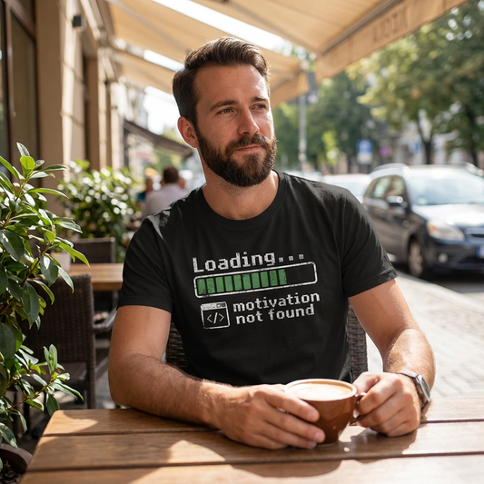 Loading... Motivation Not Found T-Shirt – Black Graphic Tee for Coders and Tech Lovers