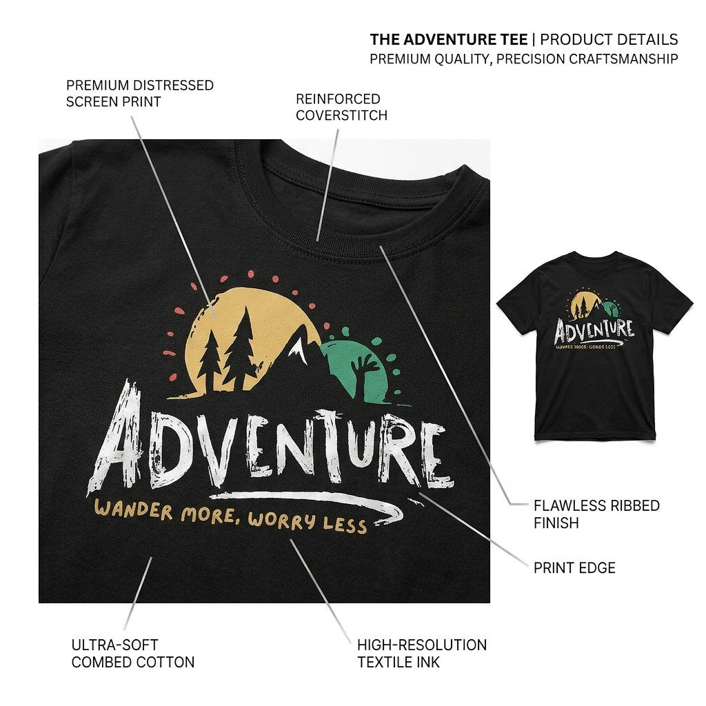 Adventure Wander More Worry Less T-Shirt – Mountain Hiking Graphic Tee