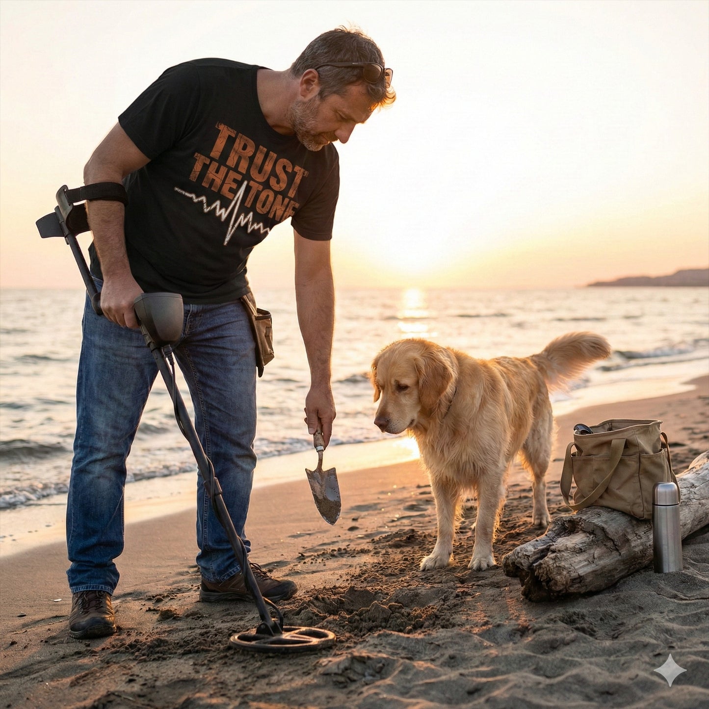 Man with a metal detector and dog on a beach at sunset