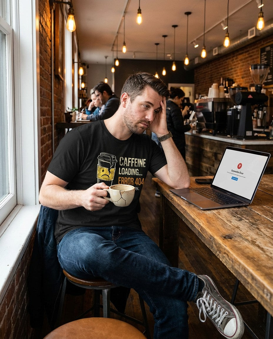 WildVero™ "Caffeine Loading Error 404" T-Shirt | Funny Coffee & Tech Humor Tee