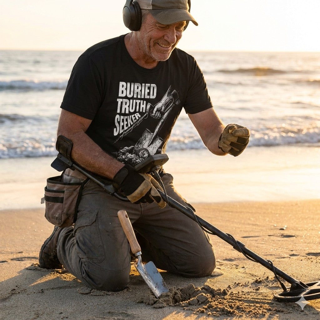 Man on a beach using a metal detector with headphones, wearing a 'Buried Truth Seeker' t-shirt.