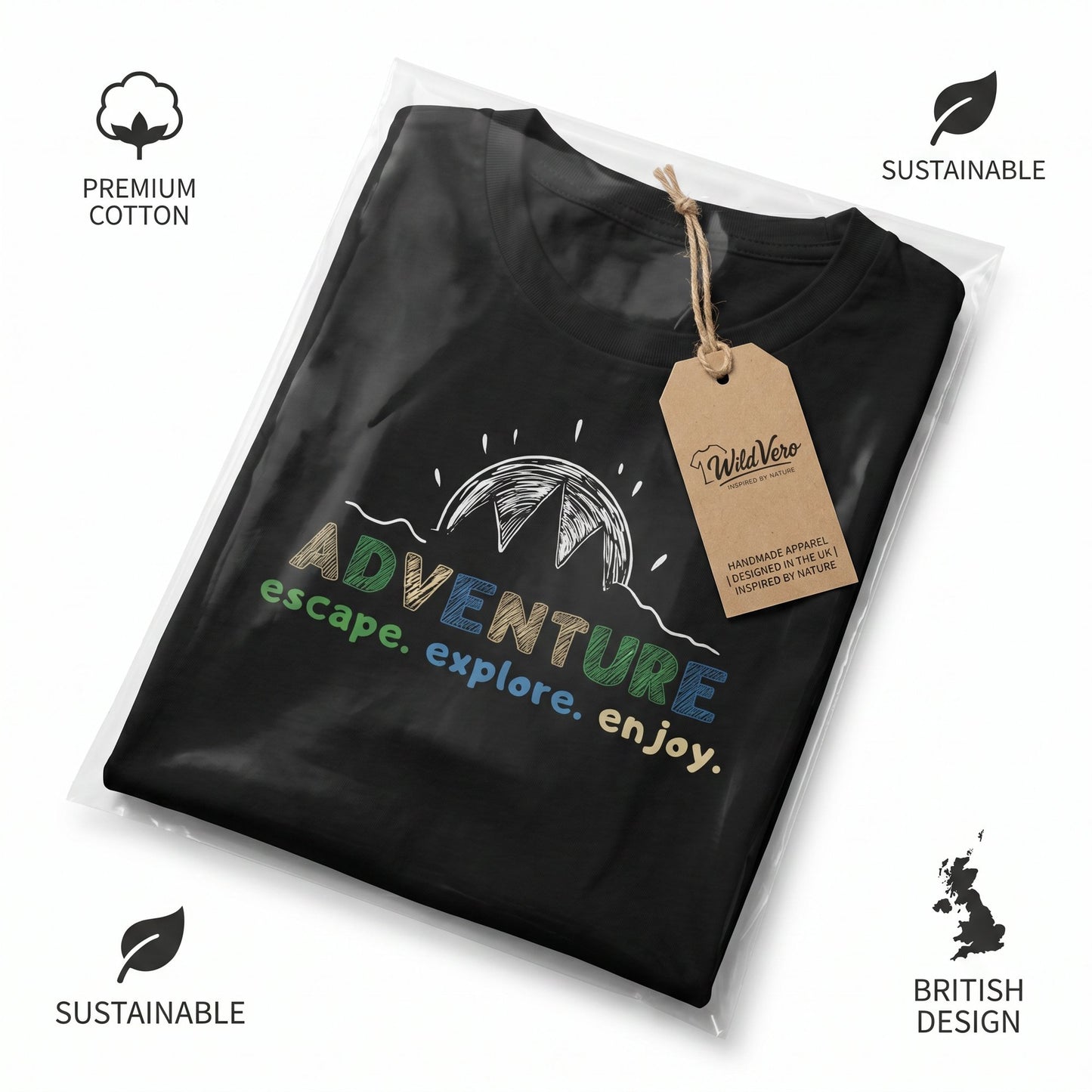 Adventure Escape Explore Enjoy Black T-Shirt – Men’s Outdoor Mountain Graphic Tee
