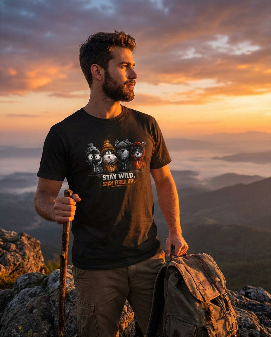 Stay Wild Stay Fired Up T-Shirt – Funny Outdoor Animal Graphic Tee (Black)