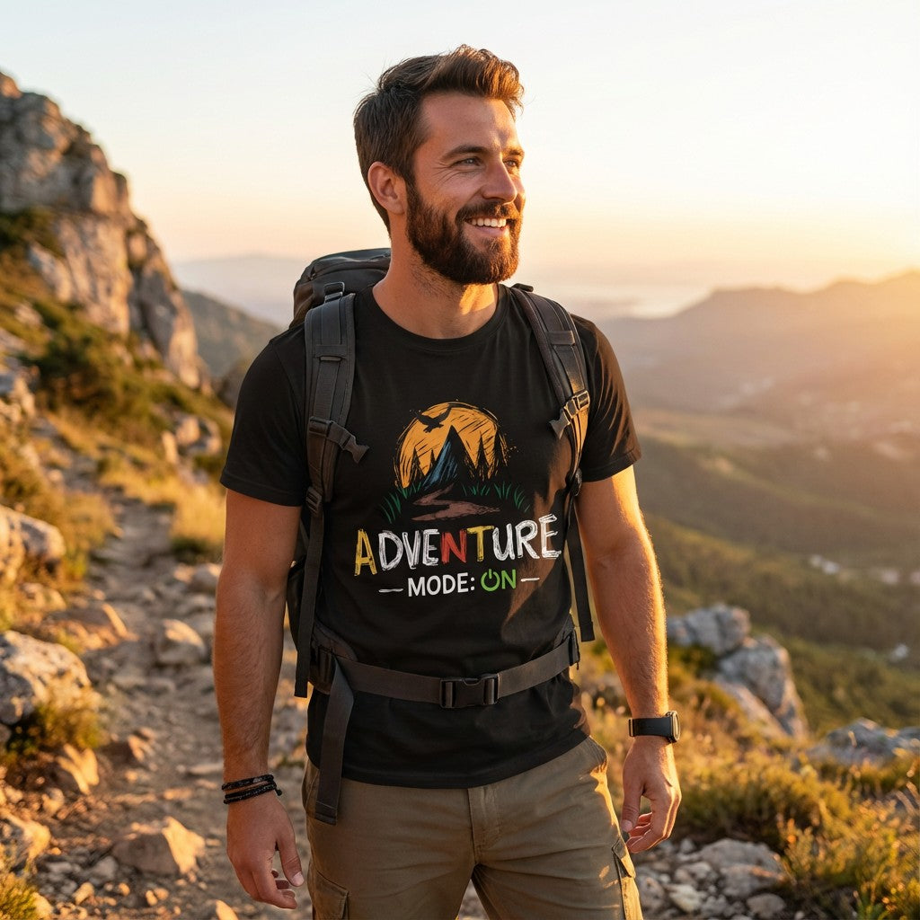 Man hiking with a backpack on a mountain trail during sunset
