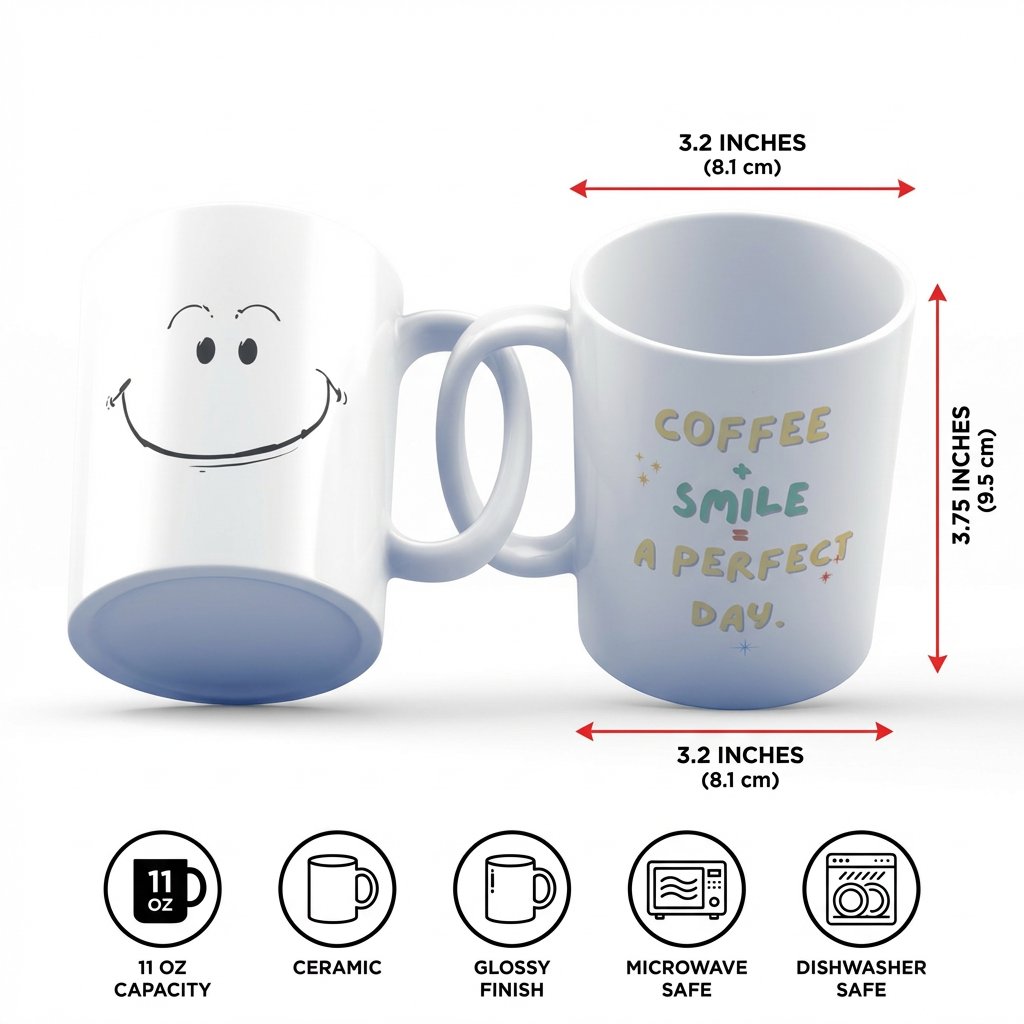 White 11oz ceramic mug showing both sides - hand-drawn smiley daisy flower and Your Smile Brightens The Day quote in blue script