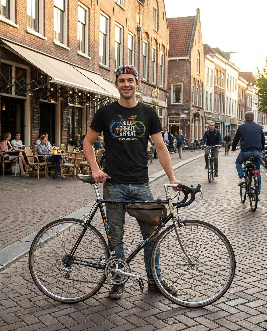 Man with a bicycle on a street in a European town