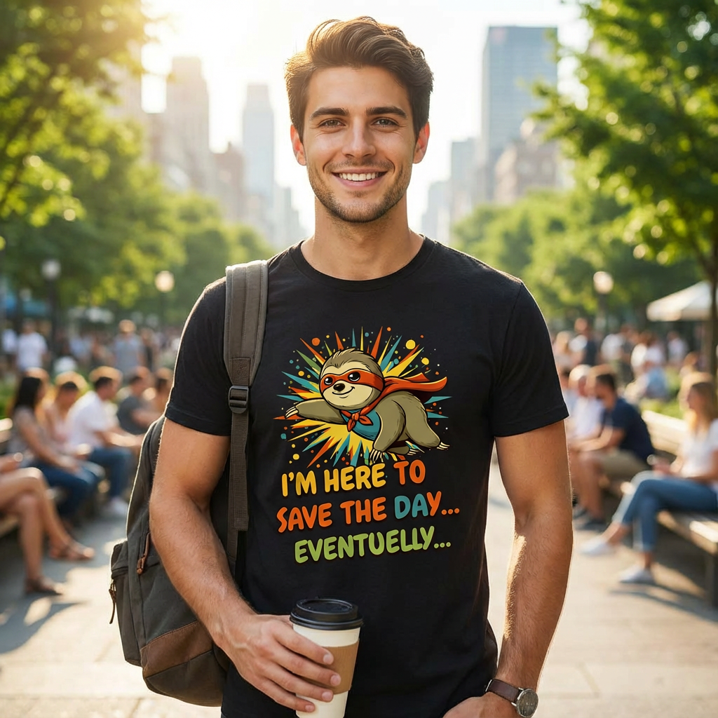 I’m Here To Save The Day Eventually T-Shirt – Men’s Black Funny Sloth Tee | WildVero