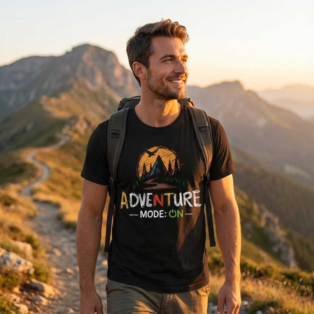 Man hiking with 'Adventure Mode: On' t-shirt in mountainous landscape