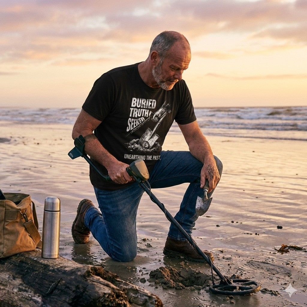 Man using a metal detector on a beach at sunset