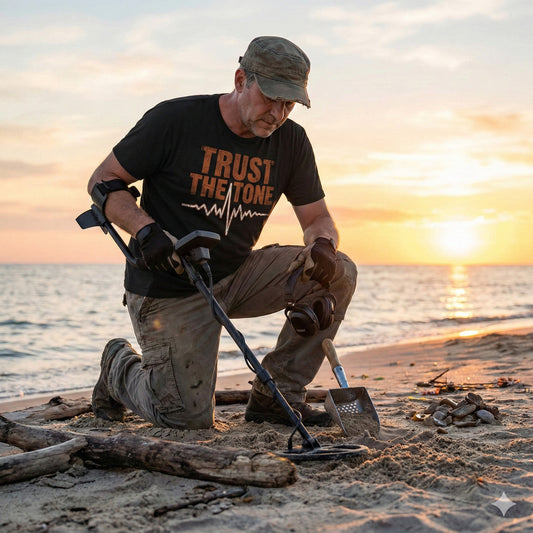 Man using a metal detector on a beach at sunset