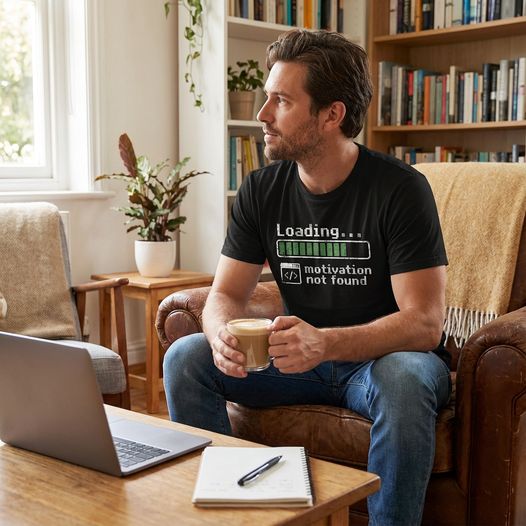 Loading... Motivation Not Found T-Shirt – Black Graphic Tee for Coders and Tech Lovers