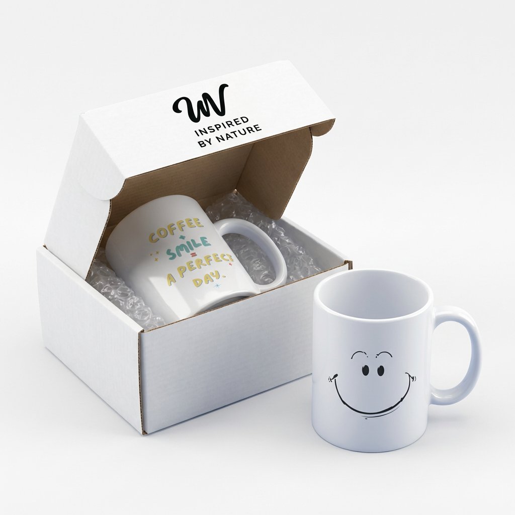 White 11oz ceramic mug showing both sides - hand-drawn smiley daisy flower and Your Smile Brightens The Day quote in blue script