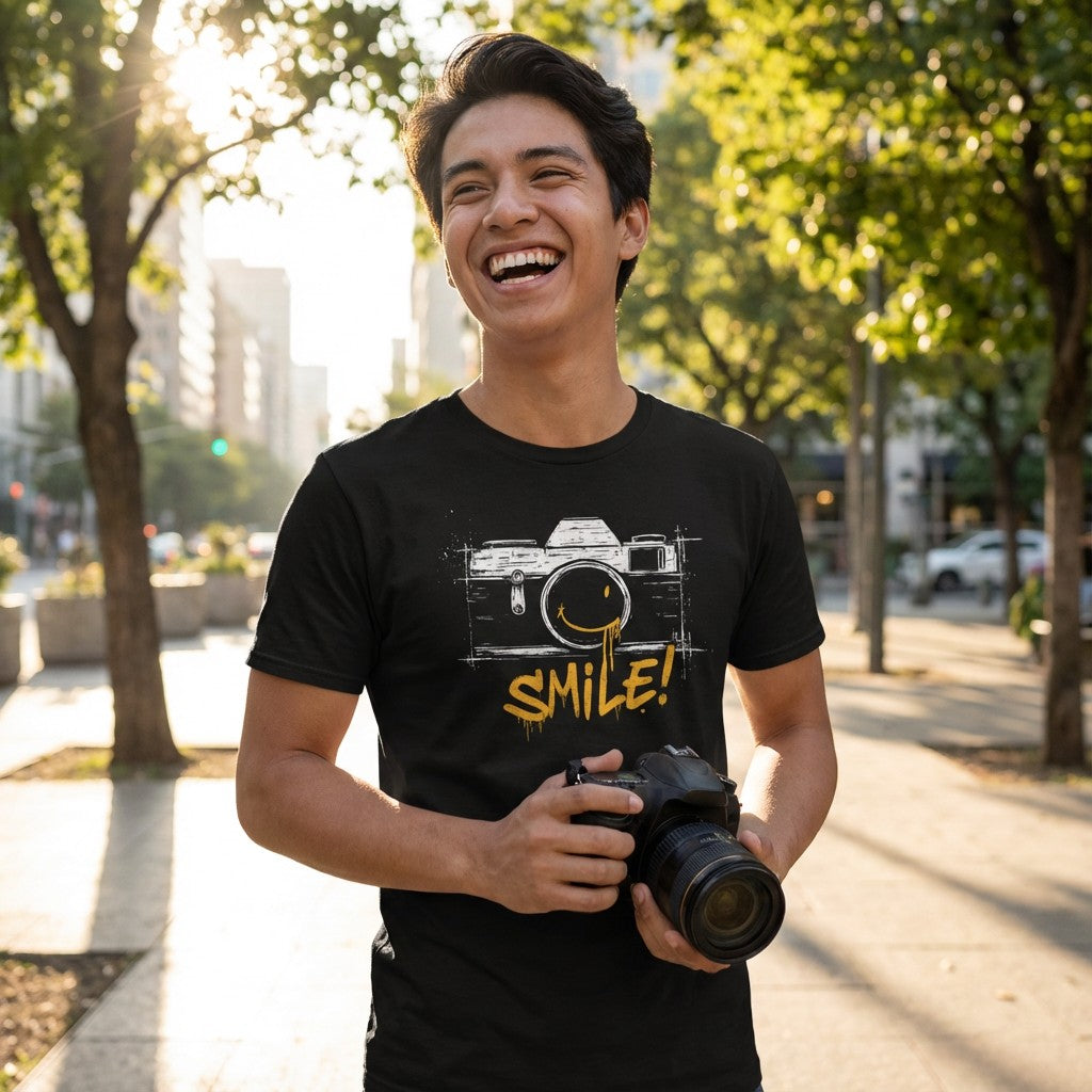 Smile Camera T-Shirt – Black Photography Tee with Graffiti Design & Happy Vintage Aesthetic
