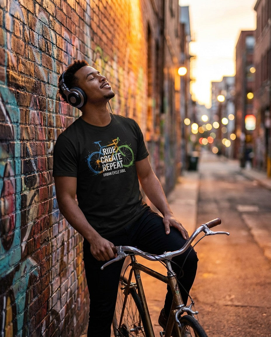 Man with headphones leaning against a graffiti-covered wall with a bicycle.